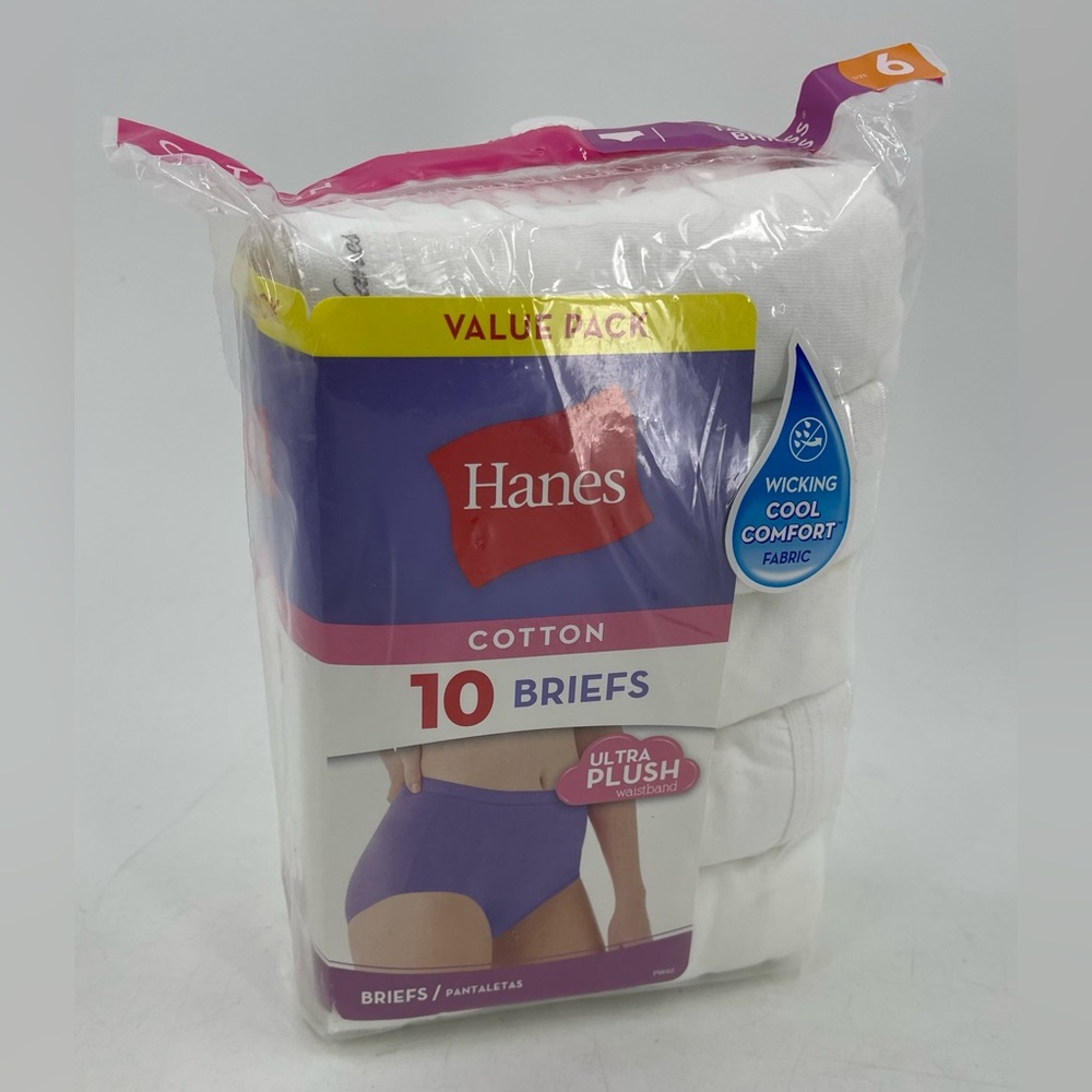 Hanes Women's 10 Pack White Cotton Classic Briefs Ultra Plush Size 6 Tagless New